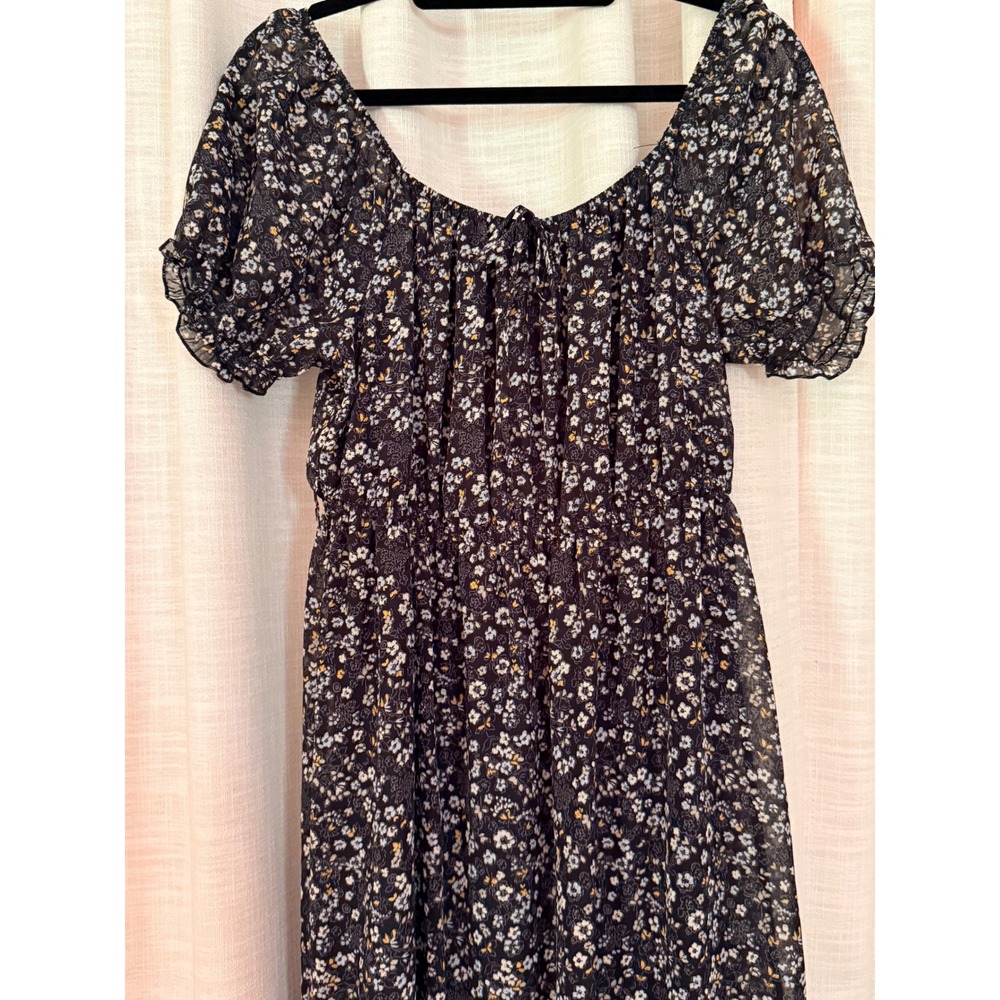 Wallflower Floral‎ Maxi Dress L Black Ditsy Puff Sleeve Ruffle Cottage Coquette
